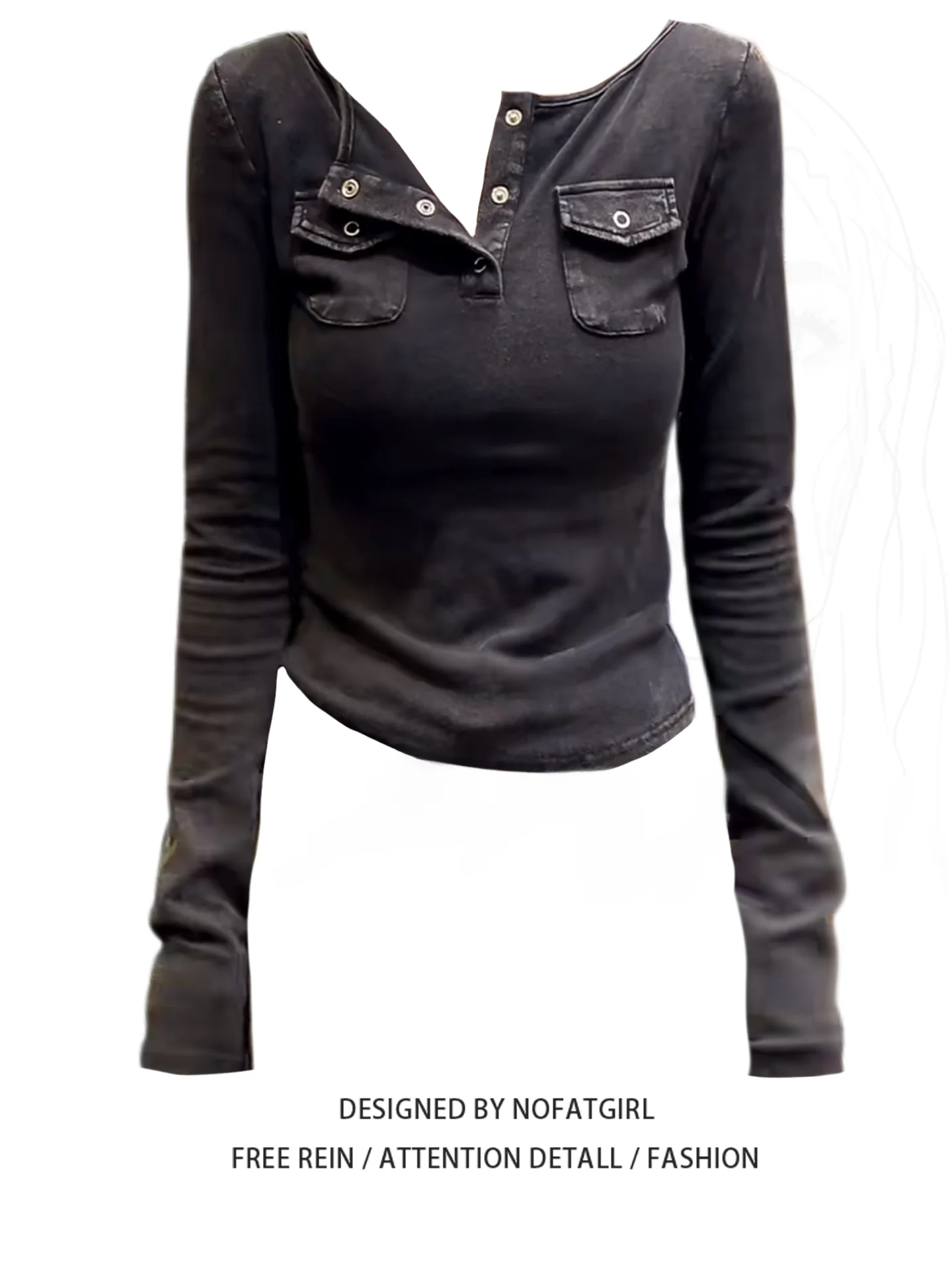 plus Size American Sle Long Sve V-Ne Women's T-irt Slim Fit Design ket Base irt Top for Autumn Daily Wear