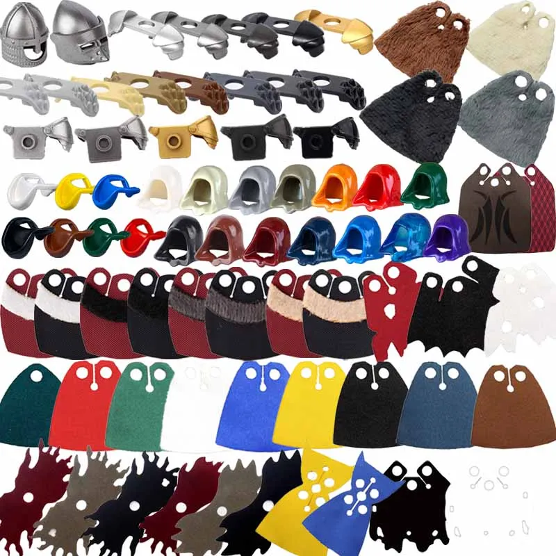 MOC Medieval Military Building Blocks Knights Solider Figure Wearing Part Waffen Helmet Shoulder Armor Cape Fur Cloak Brick Toys