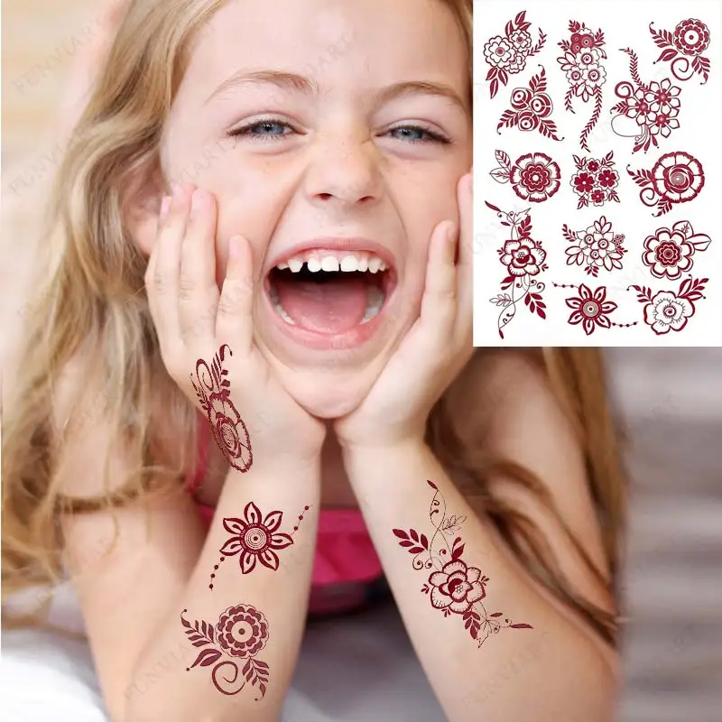 Waterproof Henna Tattoo Sticker for Hand Temporary Tattoos Small Size Mehndi Fake Tattoo for Hand Girl Body Art Brown Henna