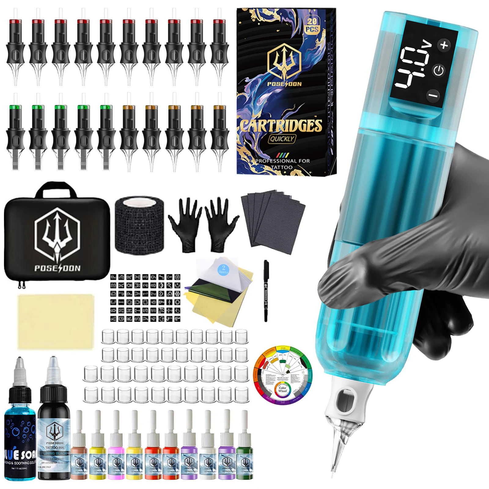 Tattoo Kit POSEIDON V5 Tattoo Pen Kit For Permanent Makeup Tattoo Machine Kit Blue Transparently Tattoo Power Supply Tattoo Kit