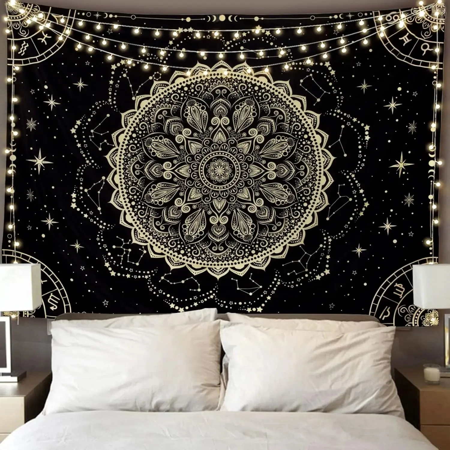 Bohemian Black Mandala Tapestry Psychedelic Wall Hanging for Bedroom Living Room Dorm Indian Decor Boho Aesthetic Wall Art