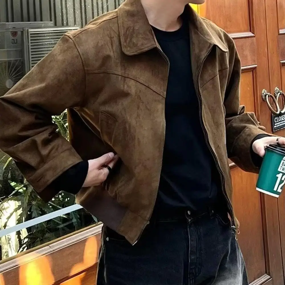 Men Zip-up Jacket Stylish Men's Lapel Jacket with Zipper Closure Side Pockets Solid Color Outwear for Short Style Long Sleeve