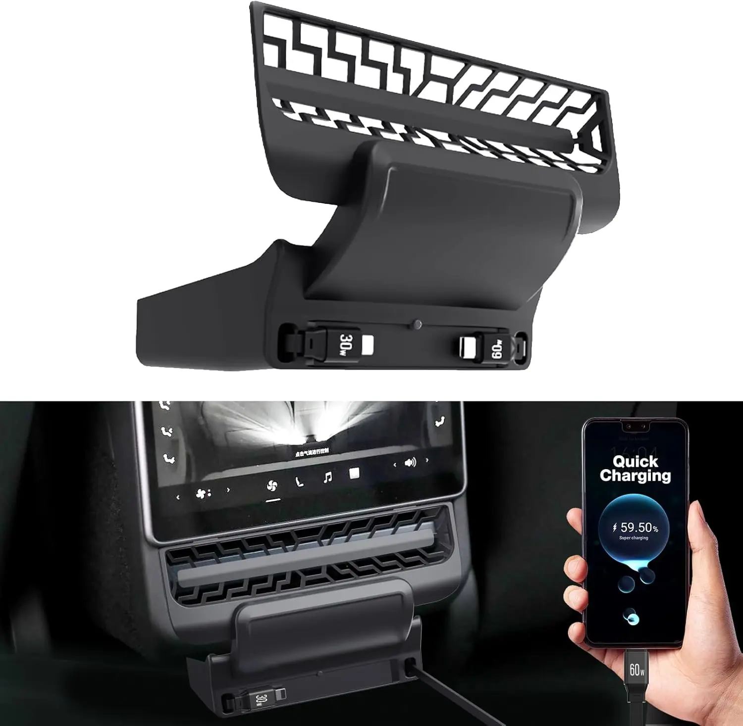 For Tesla Model 3/Y 2021-2023 Rear Air Vent Intelligent Docking Station Type-C PD 27W Fast Charger USB Extender Docking Station