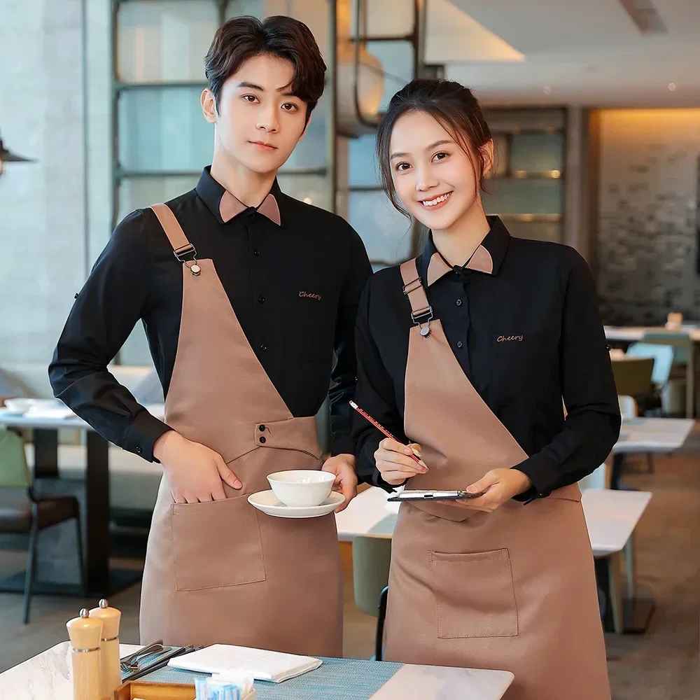 Food Service Uniforms Long Sleeves for Hotel Restaurant Coffee Bartender Bar Waiter Uniform Set with Apron