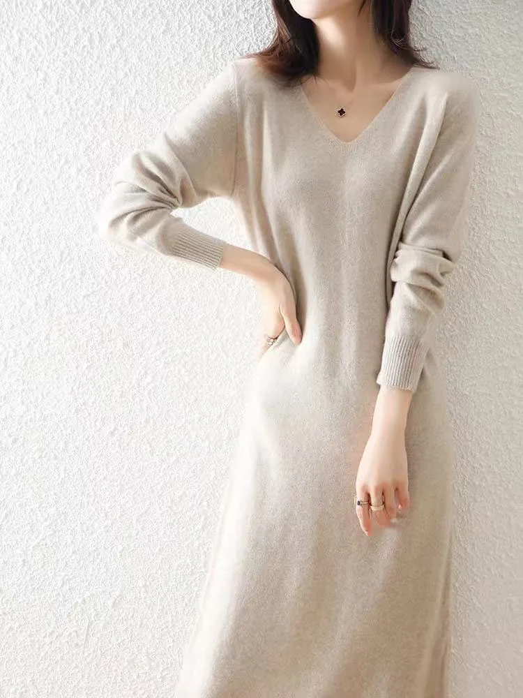 Autumn Winter New Sle 00 Pure Wool Knitted Dr Loose Slimming Midi Length Router Women's Dr Casual High Waist