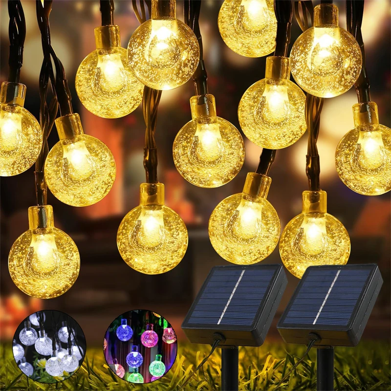 Outdoor Solar String Lights 60 LED Crystal Globe Lights Waterproof 8 Modes Solar Powered for Patio Garden Party Tree Decor