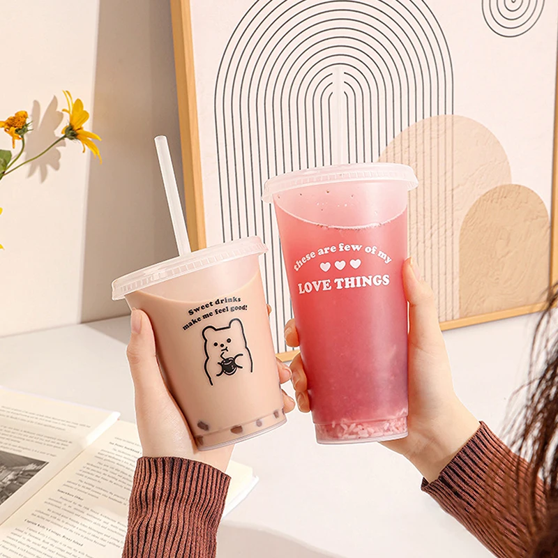 Transparent Kawaii Coffee Cup Portable Reusable Water Bottle For Juice Milk Tea Cute Plastic Cold Cups With Straw Lid