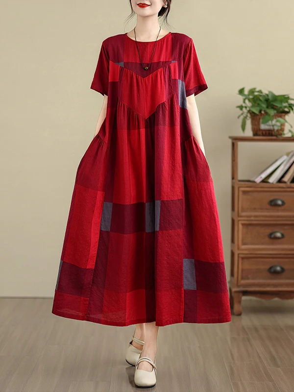 Summer New Retro Cotton Linen Print round Ne ort Sve Women's Loose plus Size Slimming Patchwork Plaid High Waist Dr