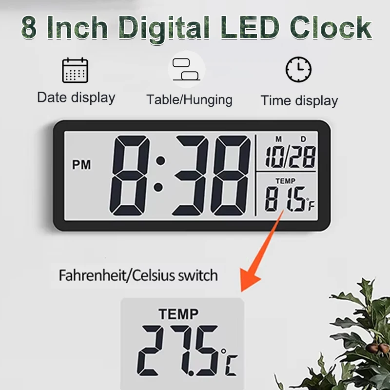 Battery Powered LCD Digital Wall Clock Time Week Date & Temp Display Desktop Table Clock 12/24H LCD Clock for Bedroom Home Decor