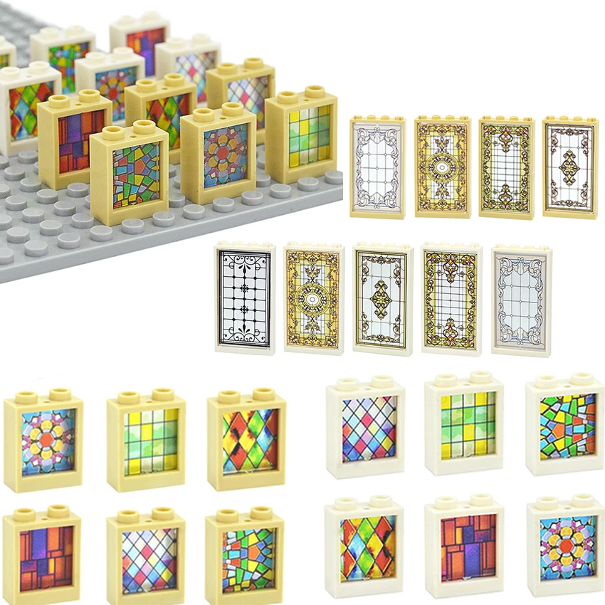 Building Block 60592 Glass Windows Doors Wall 1x2x2 with Pattern Print Window Church Assemblage Construction Thick Brick Toys