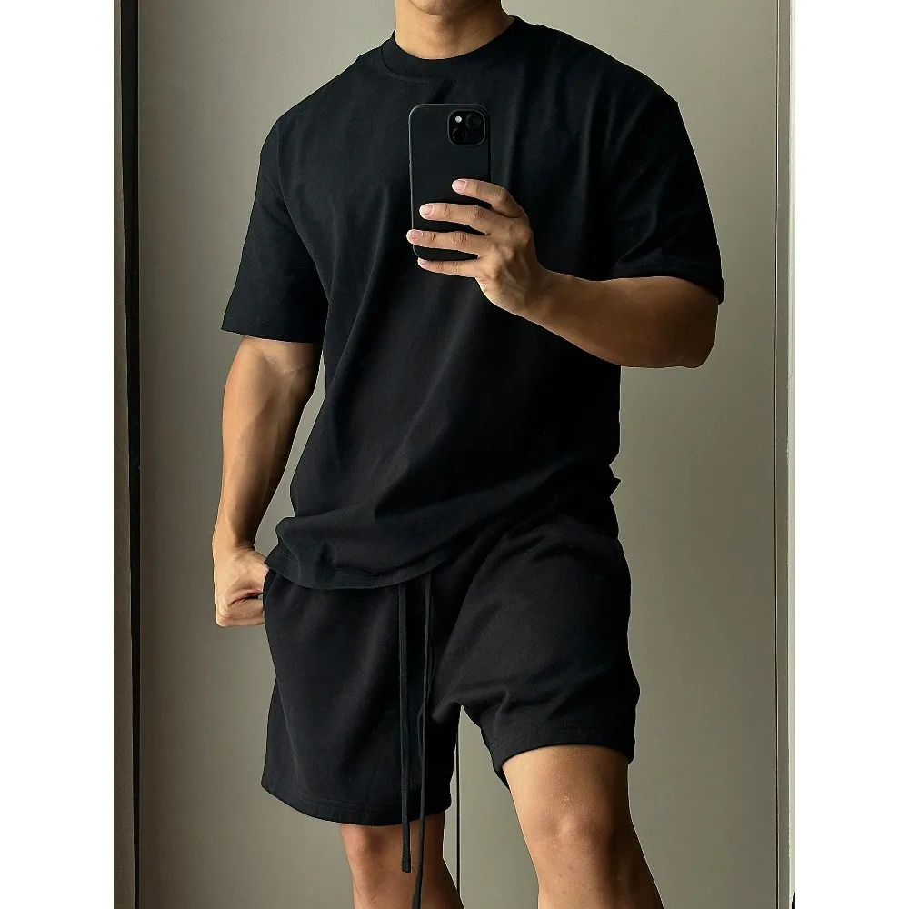 Men's Pure Cotton Short Sleeved Shorts Set, Trendy European and American High Street Loose Sports and Leisure T-shirt