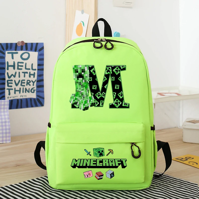 Minecrafted Series Student Backpack Green Letter A-Z Primary School Bag Hot Game Figure Print Schoolbags Cartoon Birthday Gift