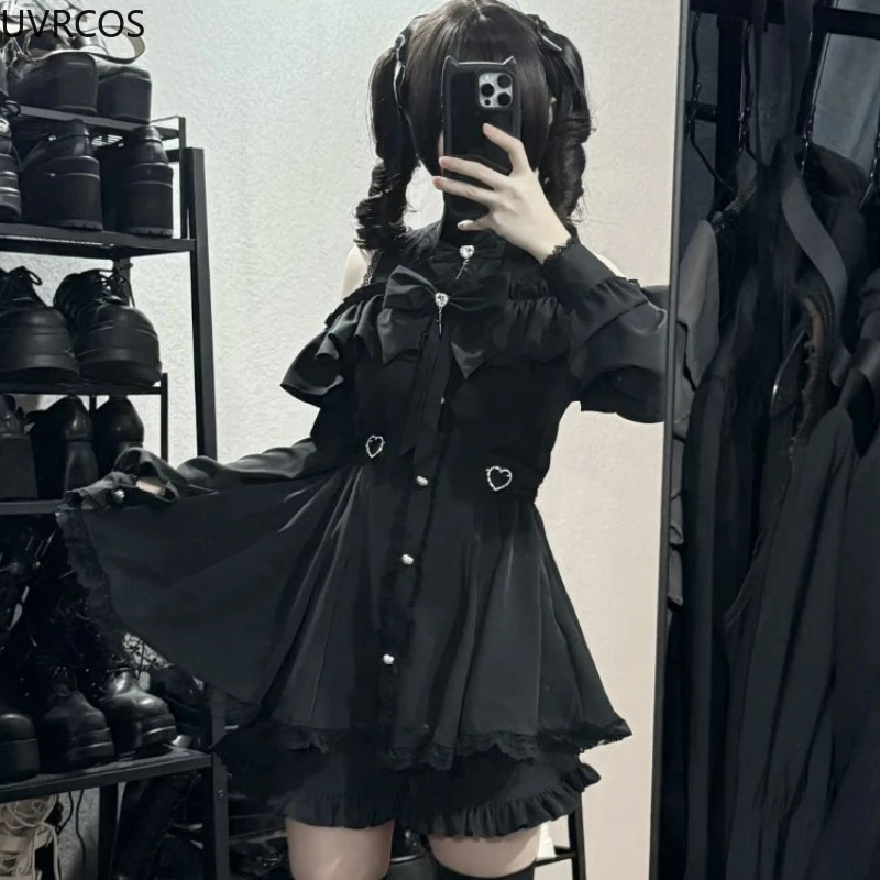 Japanese Gothic Y2k Lolita Style Bow Dress Shorts Set Women Lace Ruffles Off Shoulder Button Shirts Dress Sweet Slim Party Dress