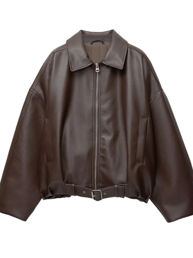 Elegant Pu Zipper Jacket with Belt Women Long Sleeve Lapel Loose Pockets All-match Jacket 2026 Spring Leather Street Coat Lady