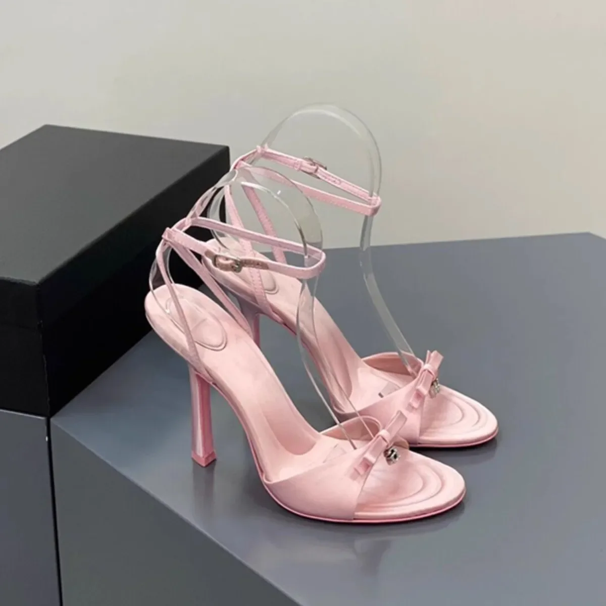 Elegant Satin Butterfly Knot High Heels Women's Sexy Diamond Letter Thin Heel Open Toe Sandals Rubber Sole round Toe Microfiber