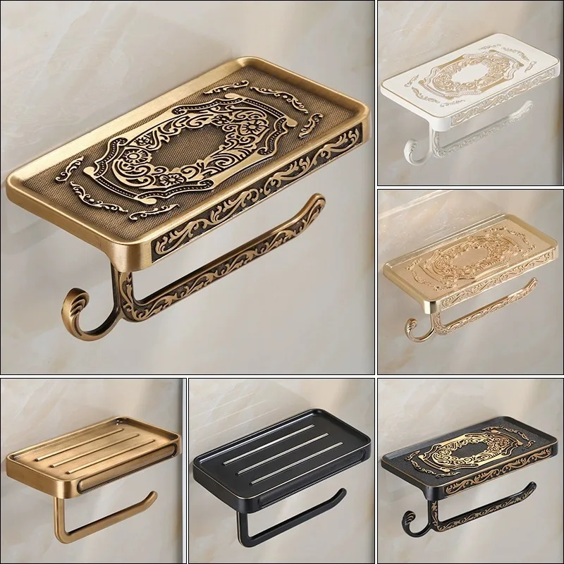 Antique Bronze Bathroom Organizer with Phone Shelf,Towel Roll&Tissue Holder-Vintage Style Aluminum Wall-Mounted Toilet PaperRack