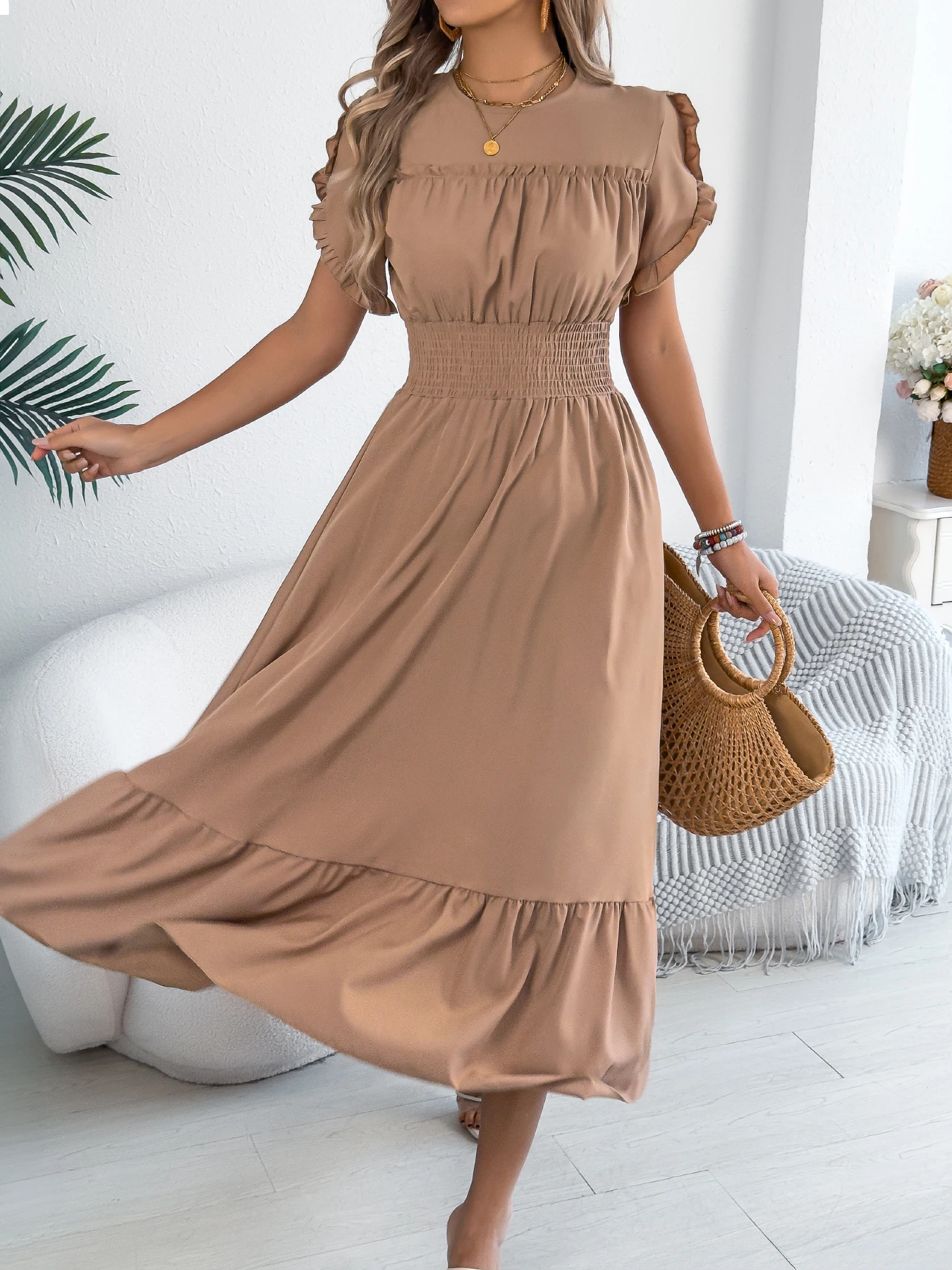 Casual Elegant Round Neck Ruffled Waist Cinched Dress Long Dresses Spring Summer Fashion Women's Gown