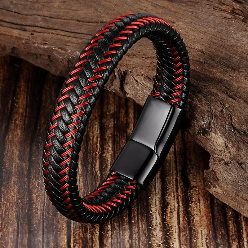 Leather Cord Bracelet Stainless Steel Leather Braided Genuine Leather Red Bracelet Men'S Cowhide Jewelry