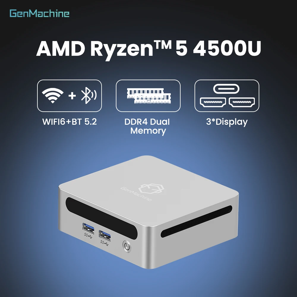 Genmachine Diy Gaming Computer AMD Ryzen 5 4500U Diy Gaming Computer Mini PC 15W TDP, Dual-Channel DDR4 4K@60Hz, WiFi6 Gaming Pc