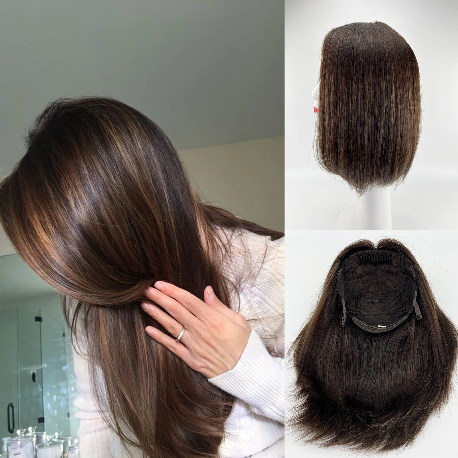 Highlight Brown Skin Silk Top Jewish Wig Bob Wig Virgin European Human Hair With Clips In 14 Inch Virgin Hair Silk Base Wig