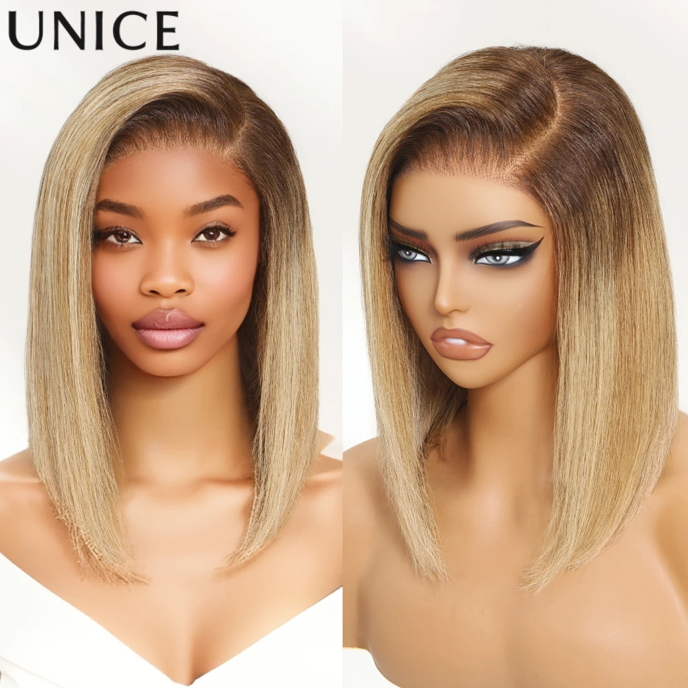 Unice Hair 7x5 Lace Blonde Straight Bob Wig Human Hair With Brown Roots Pre Cut Pre Bleached Glueless Wig Human Hair 150nsity