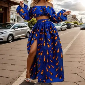 Fashion African National Women Two Piece Set Sexy Slash-neck Long Sleeve Tops +High Slit Maxi Skirt Ladies Suit Africa Clothing