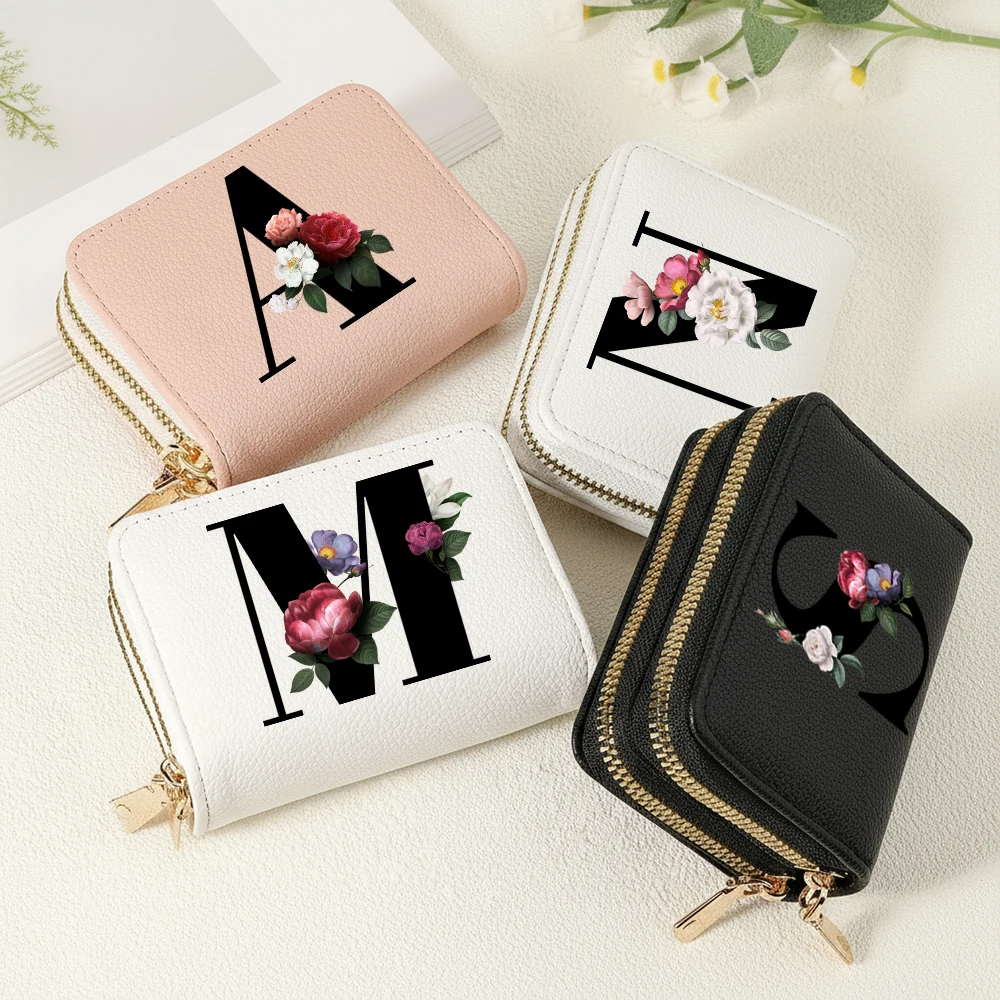 Floral Monogram Women Credit Card Wallet Double Zipper Coin Purse Multi-Card Holder Men Black Bag Lightweight Small Wallet Gift