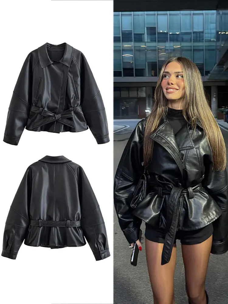 HH Women Fashion Black Short Faux Leather Trench Coat Long Sleeve Lapel Jacket With Belt Vintage Lady Motorcycle Jacket Outwear
