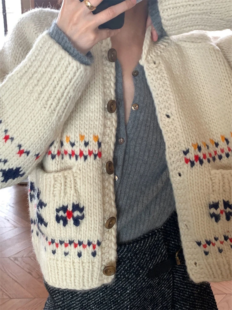Korobov Japanese Gentle Sweater Vintage Style Jacquard Thick Coat Lapel Knitted Cardigan Female Harajuku Fashion Womens Clothing