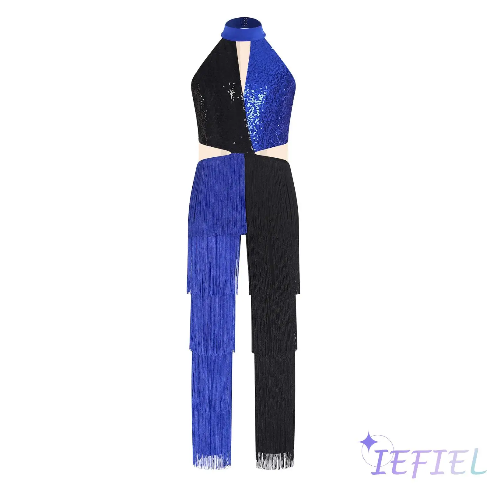 Kids Girls Latin Dance Rompers Disco Jazz Party Jumpsuit Shiny Sequin Tassel Color Block Halter Sleeveless Bodysuit Dancewear