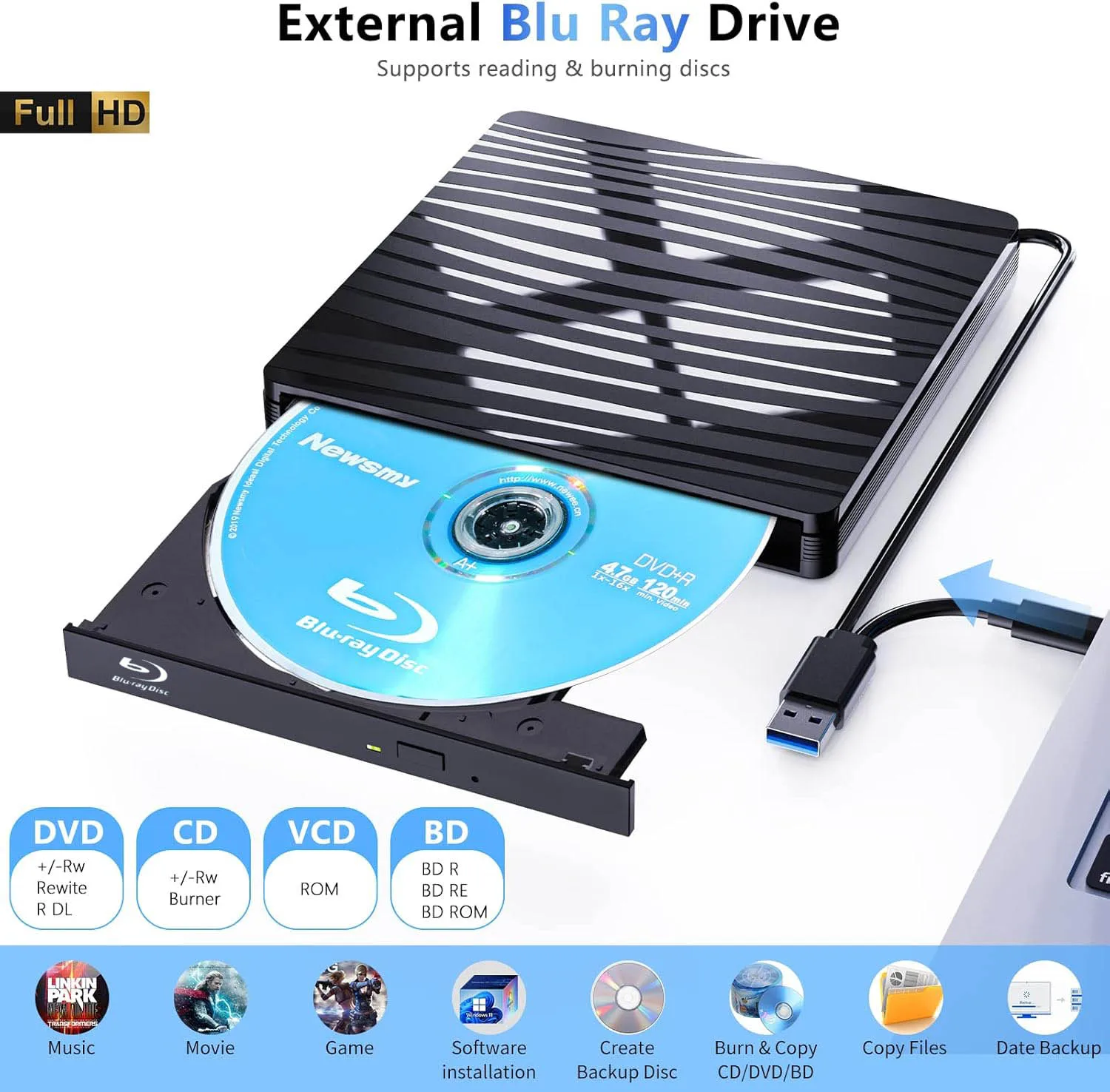 USB3.0 External Blu-ray Optical Drive for Laptop PC Windows 11/10 Mac Portable 3D BD-RW Drive BD DVD CD Player Burner Reader