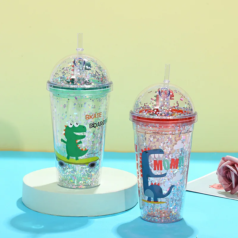 Cute Children's Dinosaur Pattern Cartoon Double Layer Straw Drinking Plastic Ice Cup Summer Fun Daily Drinking Gift
