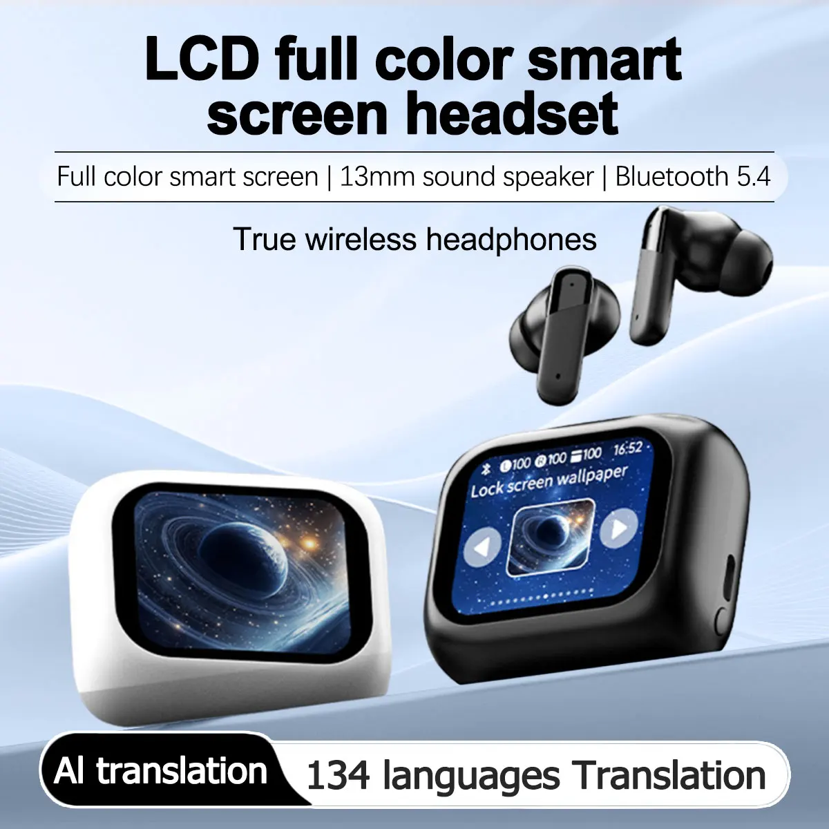 AI Translation Bluetooth Earbuds Supporting 134 Languages HiFi Surround Sound Full-Color Touchscreen LCD & Long Battery Life