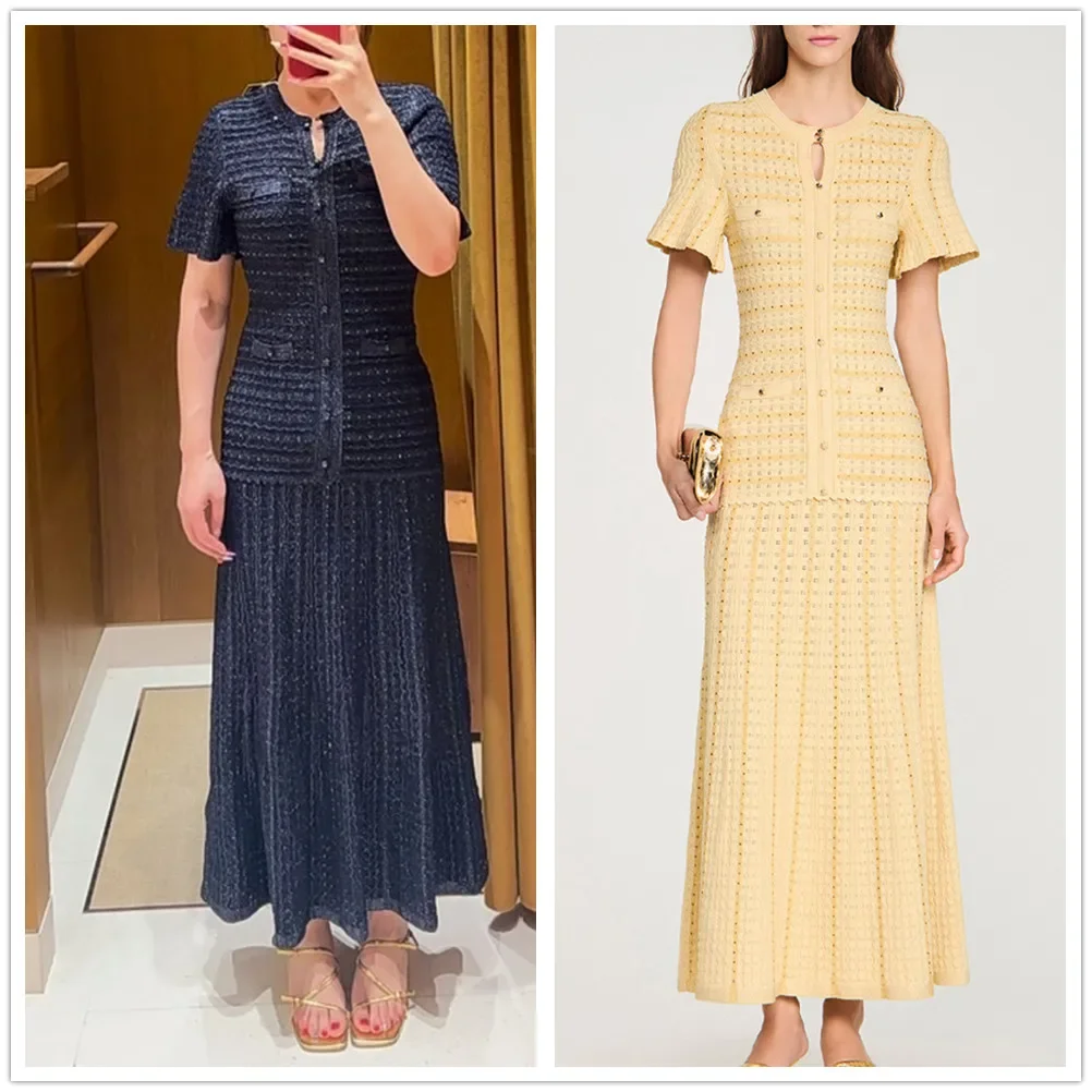 2026 Spring New Female Fashion Splices Threaded Hot Diamond Knitted Waist Short Sleeve Midi Dress