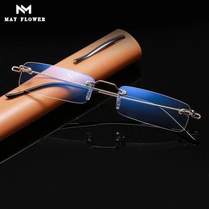 May Flower Anti-Blue Rimless Reading Glasses Square Metal Presbyopic Eyewear With Case Eyeglasses Men‘s Glasses For Sight Plus+4