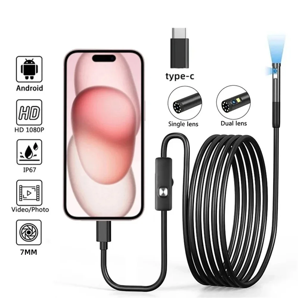 7.0MM TYPE-C Endoscope Camera IP67 Waterproof 6 LEDs Adjustable USB Android Flexible Inspection Borescope Cameras for Phone PC