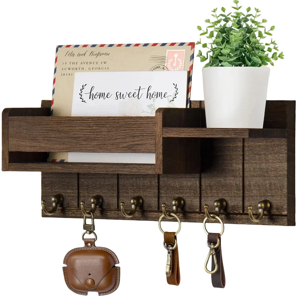 Rustic Wood Key Holder with Shelf Wall Mounted Decorative Key Rack And Mail Organizer 6 Key Hooks for Living Room Entrance
