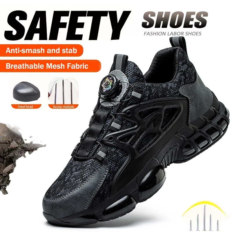 Safety Shoes For Men Steel Toe Anti-Puncture Men's Work Shoes Slip Resistant Reinforced Sole Rotating Button Fashion Sneaker