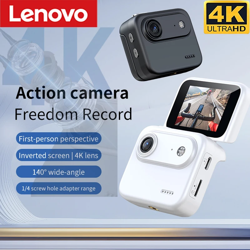Lenovo Mini Sports Camera 4K Ultra Clear Recording VLOG Recorder Flip Screen Anti Shake 143 ° Wide-angle Lens Cycling Camera New