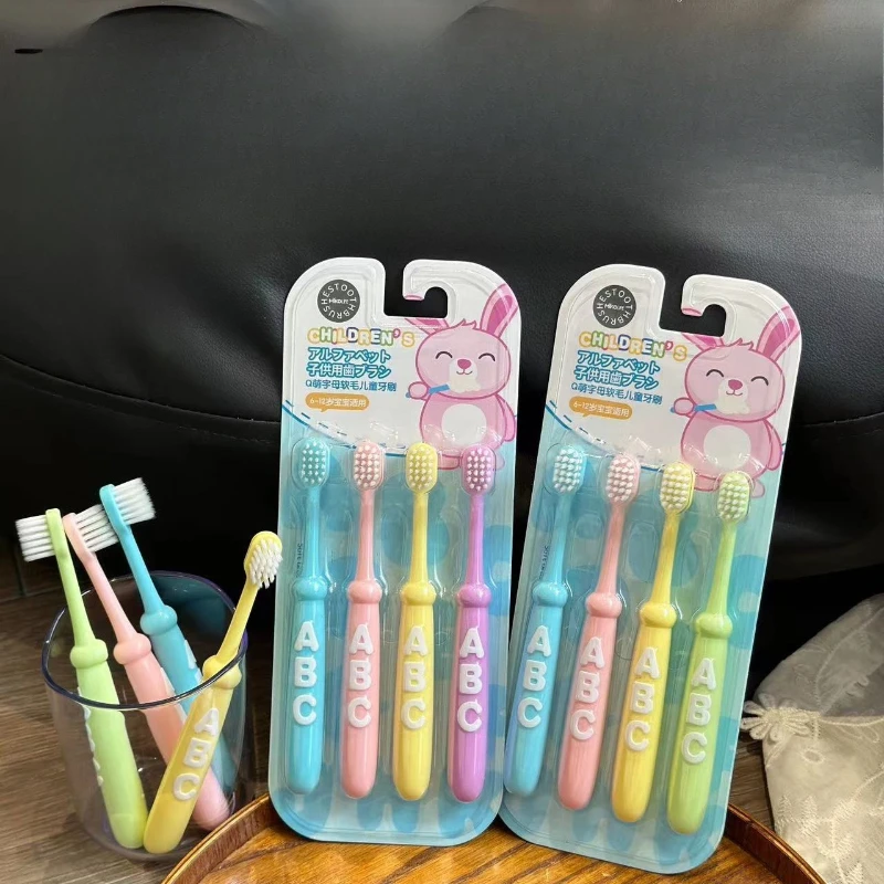 Soft Bristle Alphabet Kids Toothbrush 4 Pack Cartoon Design for 3-6-12 Years Old Children Gentle Cleaning Cute Baby Toothbrush
