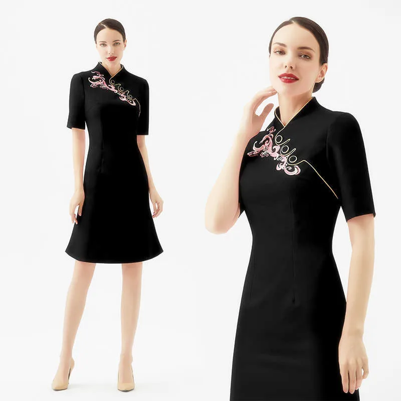 University Aviation Academy Uniform Airline Front Desk Young Women Work Clothes Oriental Trend Mid Length Cheongsam Dress in010