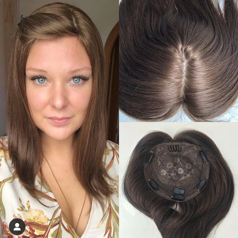 8X8" Natural Brown Jewish Topper Human Hair Virgin European 150% Density Silk Base Toupee with Clip in Kosher Sheitel Hair Piece