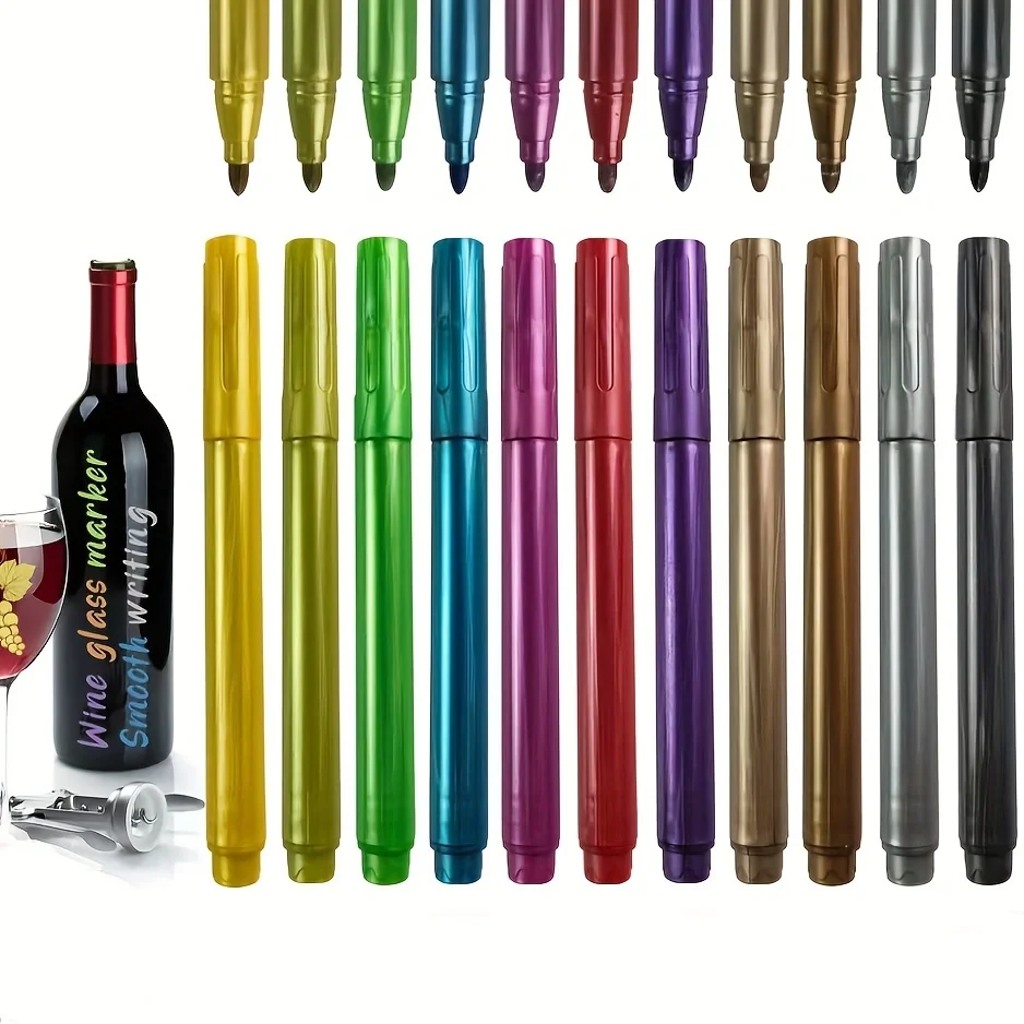 12pcs Wine Glass Markers, Erasable Fine Tip Markers for Wine Bottles, Ceramic and Glasses.