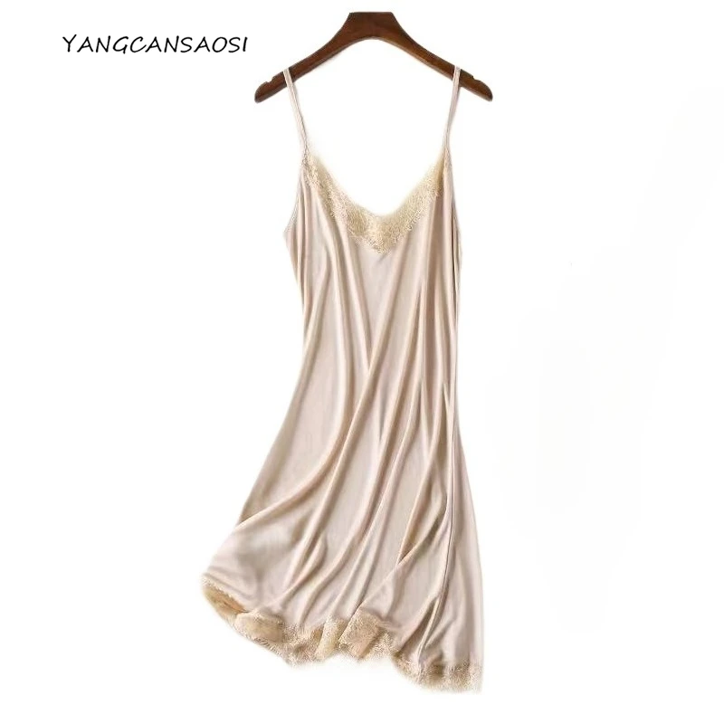 Women's Spring/Autumn Clothing 23% Natural Mulberry Silk Loose V-neck Lace Slip Nightdress Solid Color Sexy Knitted Base Dress