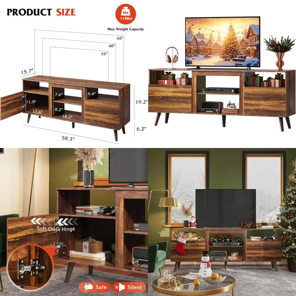Mid-Century Modern TV Stand for 55-65 Inch TVs, Entertainment Center with Open Shelf and Storage Cabinets, Ideal for Living Room