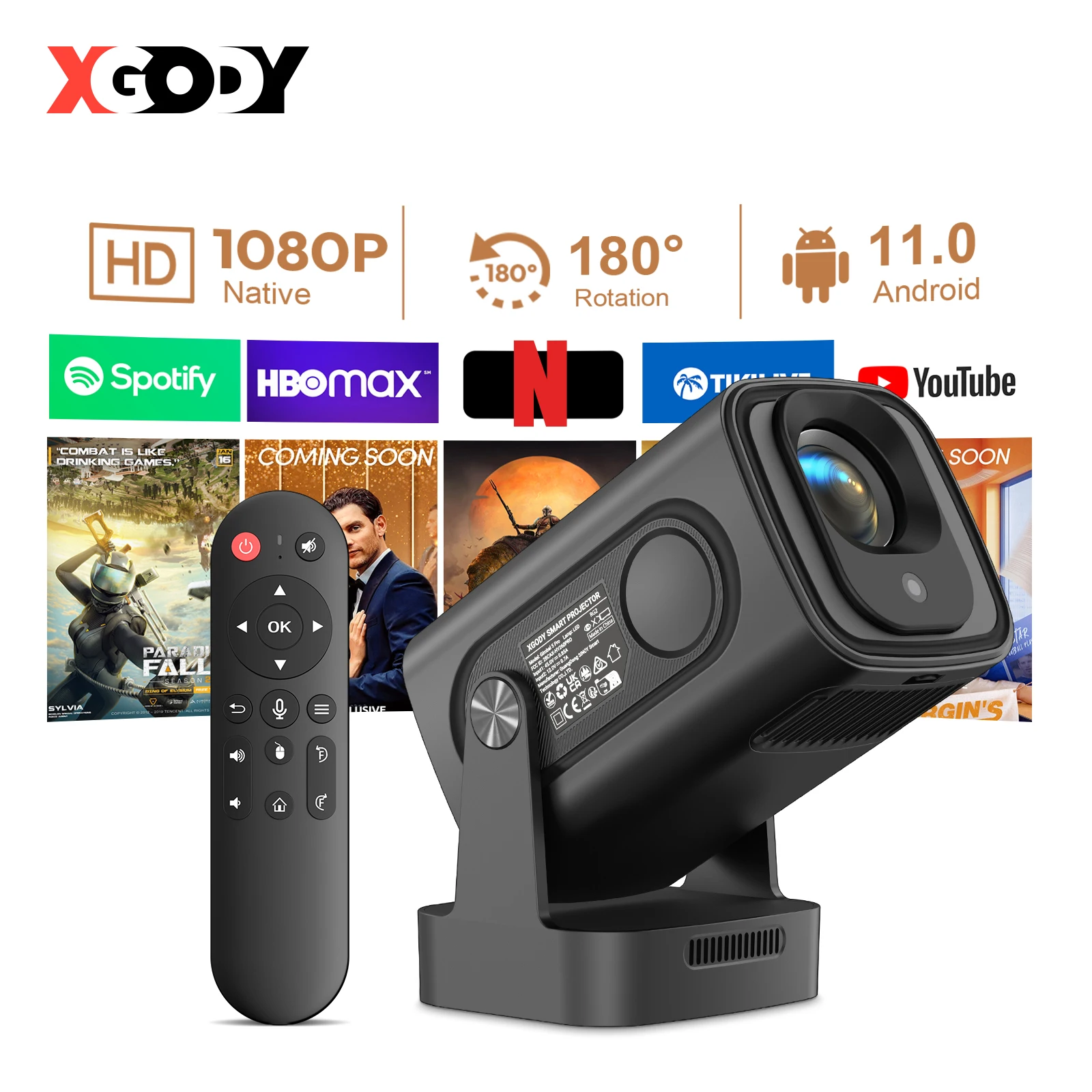 XGODY HY310 Mini Projector Auto Focus 4K Native 1080P 330ANSI Android11 5W Speaker Air Mouse Voice Assistant Home Cinema