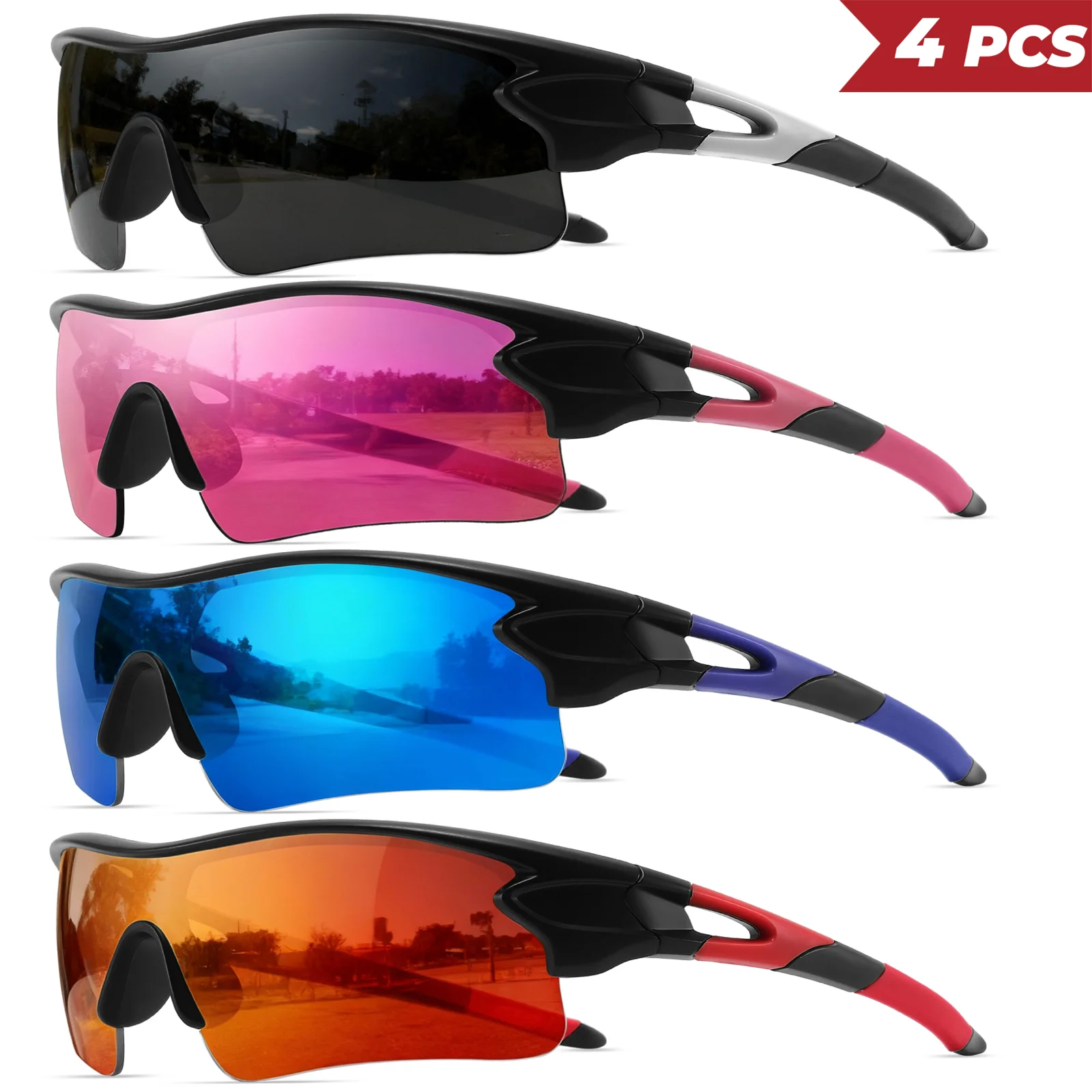 4PCS New Fashion Colorful Sports Sunglasses - One-Piece Wraparound Lens, UV400 for Running, Cycling & Outdoor