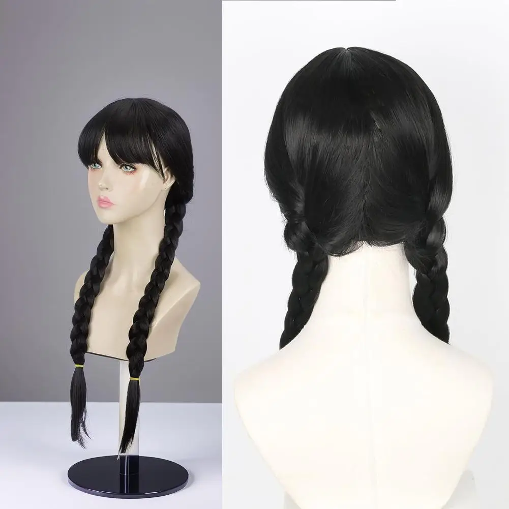 Double Ponytail Braided Wig For Wednesday Wigs Halloween Gothic Costume Braids Anime Double Black synthetic Braided With Bangs