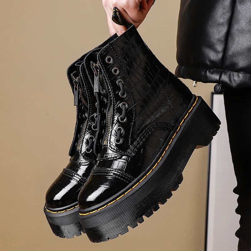 Women's boots leather platform boots motorcycle shoes front zipper light bottom fashion sexy punk comfortable men's winter boots