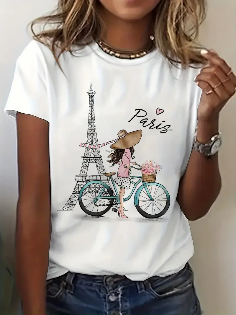 Women's Y2K Paris Girl with Bike Eiffel Tower Graphic Print Casual Loose Fit Short Sleeve Crew Neck Trendy Travel T-Shirt